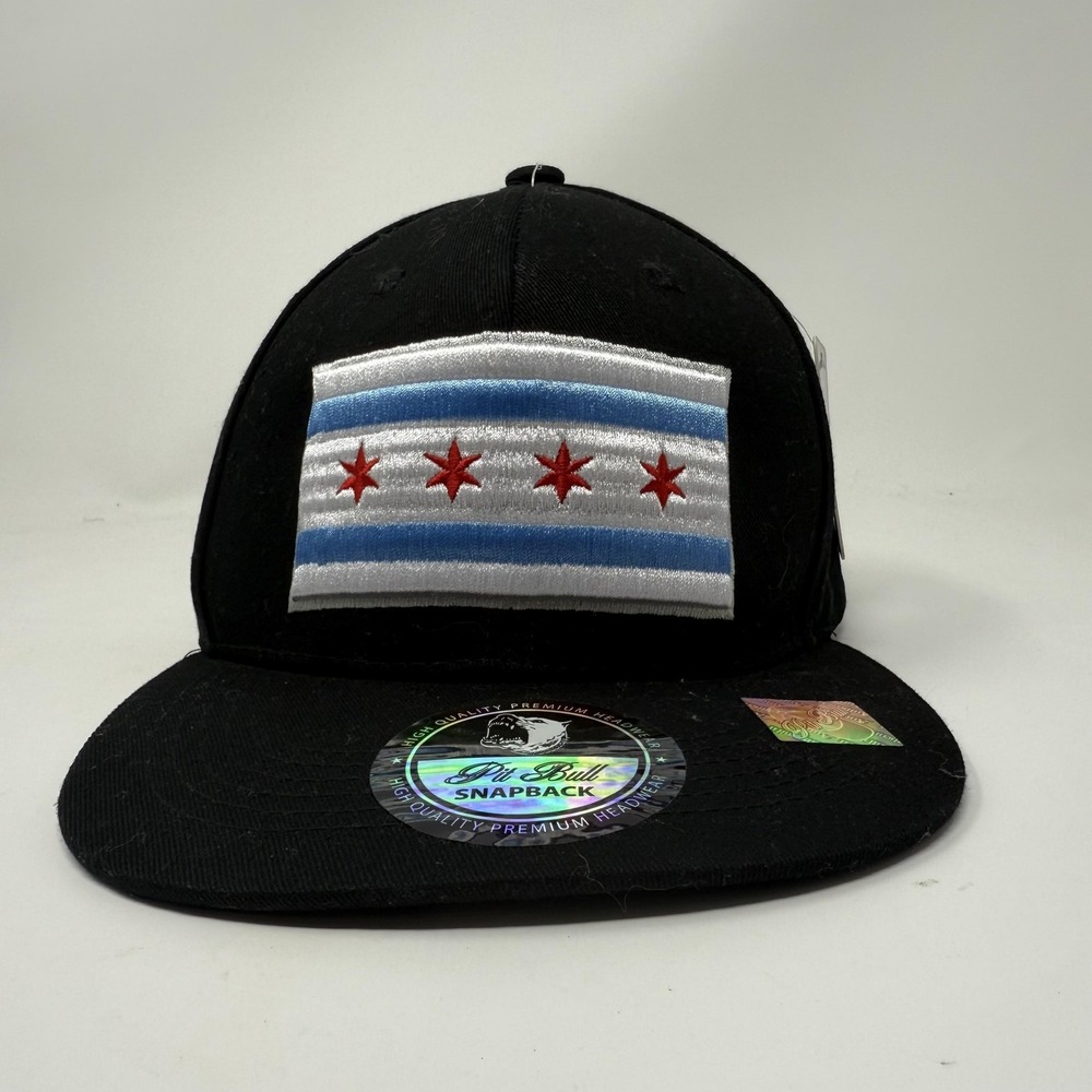 Chicago Flag Hat Cap‎ Snap Back Black Pit Bull Mens Flat Bill Embroidered